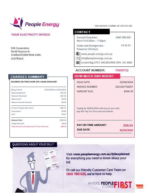 Australia People Energy electricity business utility bill template in Word and PDF format